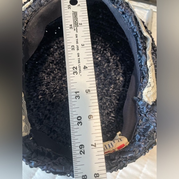 Vintage Designed by Laura Hat Sz S Weave Straw Hat Navy  50s/60s Lace Pillbox - Picture 6 of 8